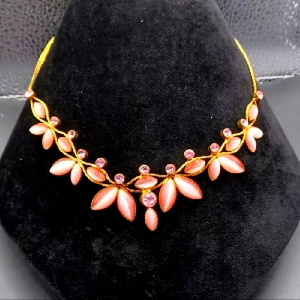 Avon Pink Moonstone Rhinestone Goldtone Necklace Vtg